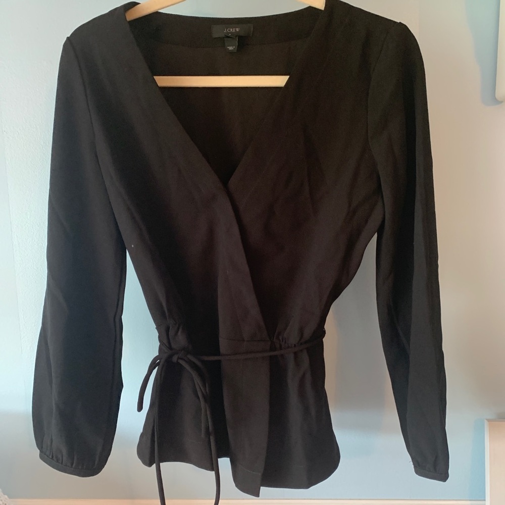J. Crew faux wrap top black peplum tie front 2 zip